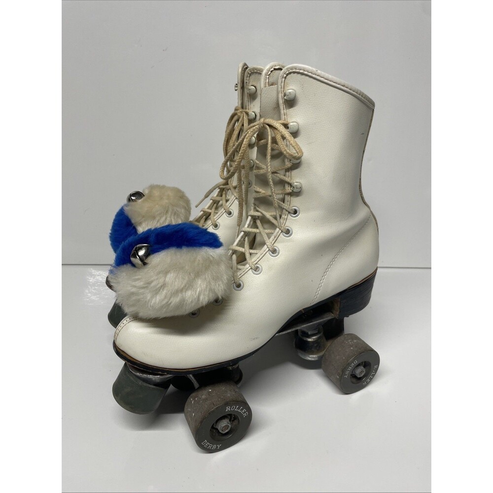 Vintage Roller Derby 94047 Skates w/ Pom Poms Bells White Man Made - Sz 8